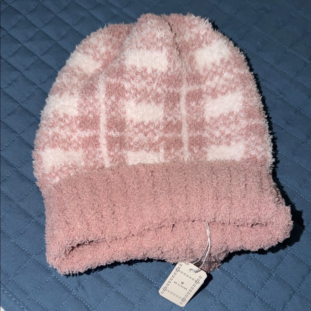 Cozy Pink and White Plaid Beanie